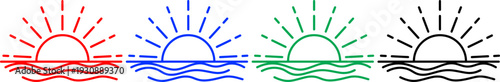 Sunset over ocean waves sun rays red blue green black line vector icons