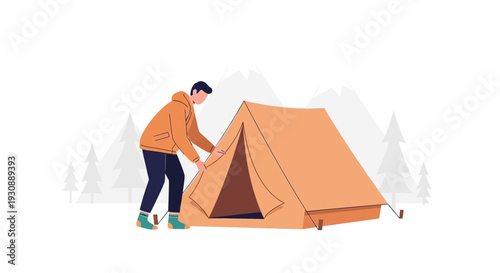 Man Setting Up Tent In Mountains For Camping Adventure