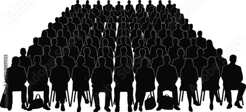 Large audience silhouette crowd, conference seminar attendees, business meeting event, corporate presentation hall, people sitting rows, leadership training concept