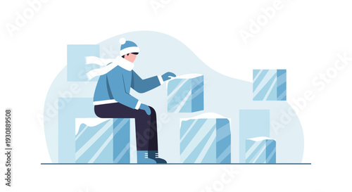 Man Sitting On Ice Blocks Wearing Winter Clothes