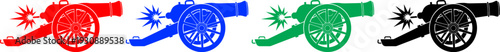 Historical artillery cannon silhouette set with fuse spark in red blue green and black color icons