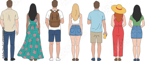Back View of Diverse Young Adults Standing Together Vector Illustration Featuring Casual Summer Fashion and Modern Lifestyle Characters Collection