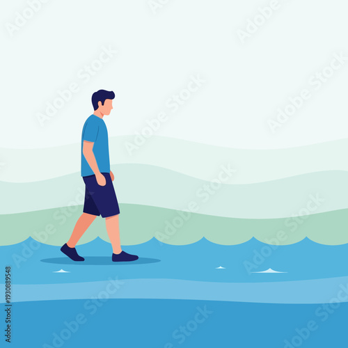 Man Walking Through Abstract Water Landscape With Minimalist Style