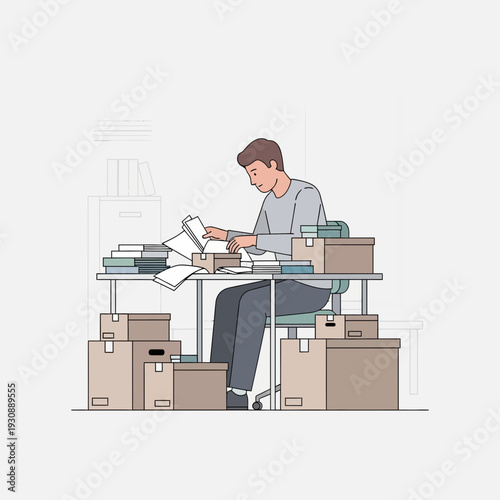 Man Sorting Documents and Boxes At A Cluttered Desk Full Of Paperwork Organization Tasks