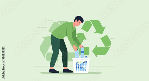 Man Sorting Plastic Bottles into a Recycling Bin, Demonstrating Environmental Responsibility