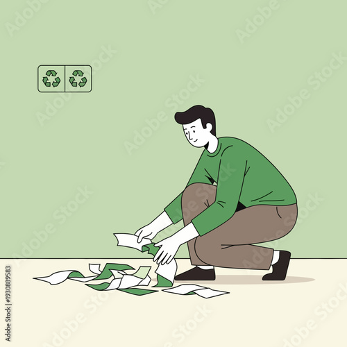 Man Sorting Recyclable Paper Waste For Eco Friendly Sustainability Initiatives