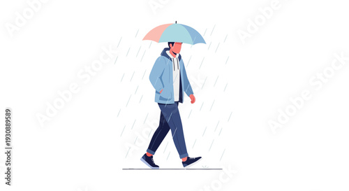 Man Walking Under Umbrella In Rain Weather