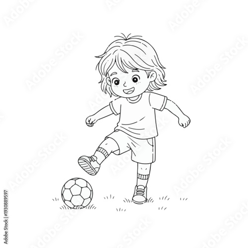 A little boy playing football line art for coloring book 