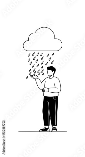 Man Standing Under Falling Rain Catching Drops With Open Hand Minimalist Illustration