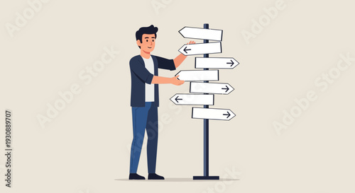 Man Stands At A Crossroads Choosing A Direction Signpost