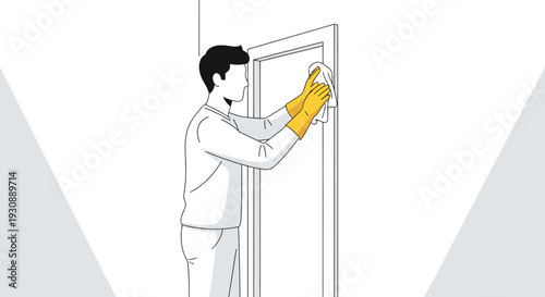 Man Wearing Gloves Cleans Door With Cloth Minimalist Line Art Style