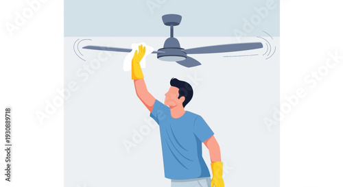 Man Wearing Gloves Cleans Dust Off Ceiling Fan Blades With Cloth