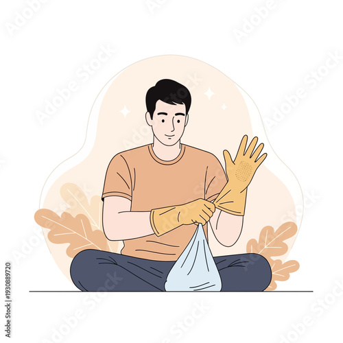 Man Wearing Protective Gloves for Cleaning or Gardening Activities