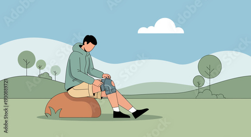 Man Wearing Knee Brace Sitting On Rock Outdoors