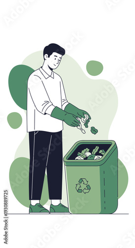 Man Wearing Gloves Disposes of Waste in a Recycling Bin Illustration