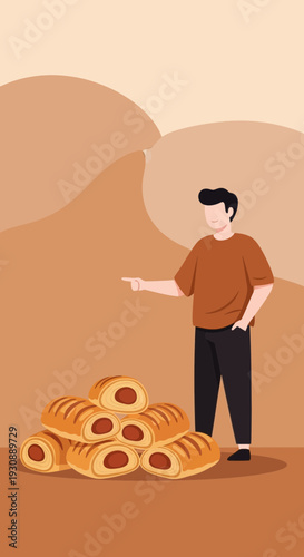 Man Stands Near Delicious Sausage Rolls Stacked High