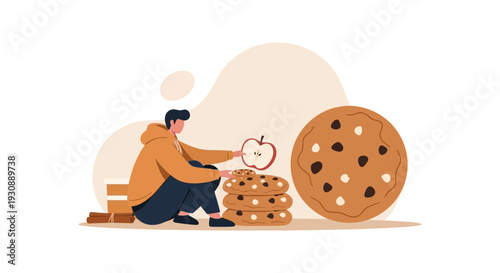 Man With Apple And Stacked Cookies And Large Cookie