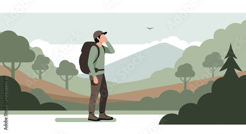 Man With Backpack Gazing At Distant Mountains Scenic Nature Landscape