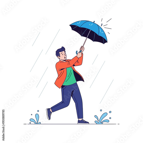 Man Struggles Against Fierce Winds And Driving Rain Underneath A Blue Umbrella