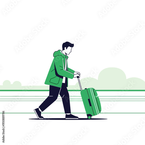 Man With Green Luggage Embarks On A Journey Awaiting Adventure