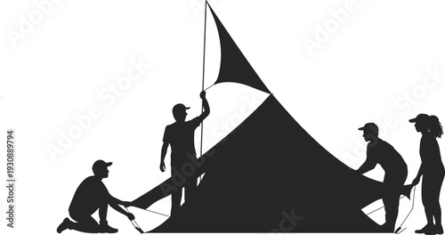 Team setting up camping tent silhouette, outdoor teamwork activity, adventure travel preparation scene, group collaboration concept, black vector illustration