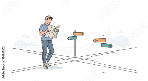 Mapping Exploration: Traveler Navigates Choices Amidst Directional Signs and Crossroads