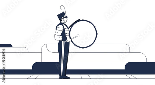 Marching Band Bass Drummer In Uniform With Feathered Hat