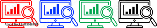 Four computer screen graph icons with magnifying glass in red blue green and black on checkered background