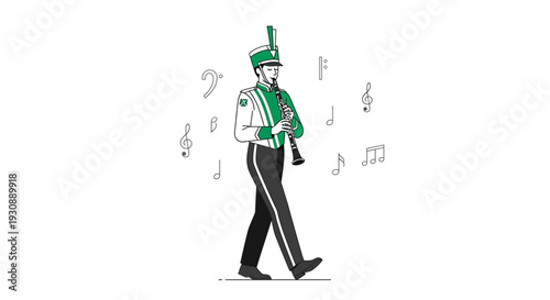 Marching Band Clarinetist Performing Amidst Musical Notes