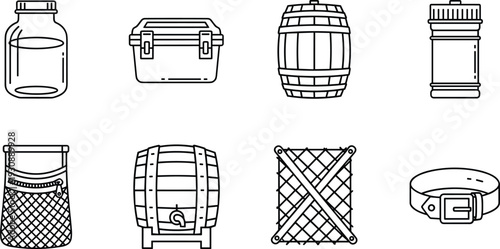 Black and white container icons set featuring jar, barrel, crate, toolbox, belt, basket, wooden cask line illustration