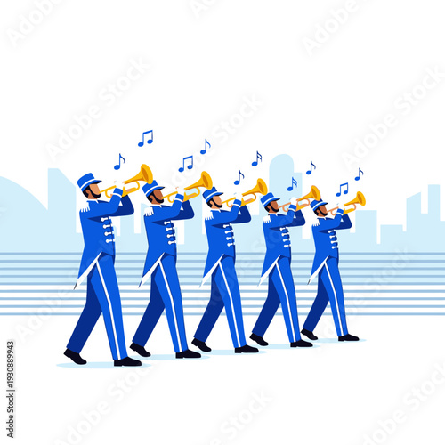 Marching Band Performers Trumpeting Melodies During A Vibrant Parade Event