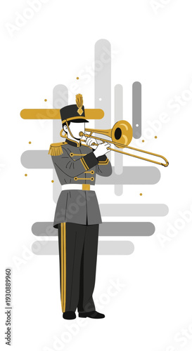 Marching Band Trombone Player In Distinctive Uniform Playing Melody