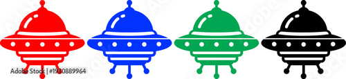 Set of four colorful flying saucer icons in red blue green and black on checkered background