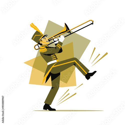 Marching Band Trombonist In Uniform Performing Animated Style On White Background