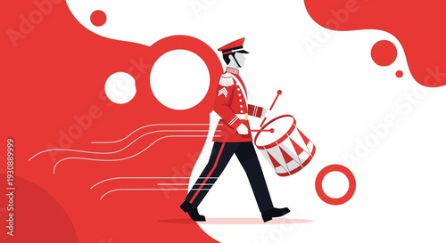 Marching Band Drummer Performing In A Festive Parade With Abstract Red Background Design