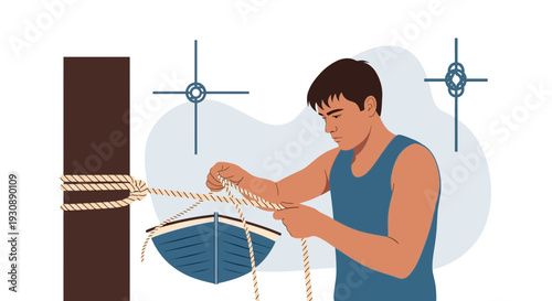 Maritime Knot Tying Instruction Illustration With Boat Docked