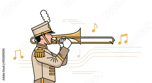 Marching Band Musician Playing Trombone With Musical Notes
