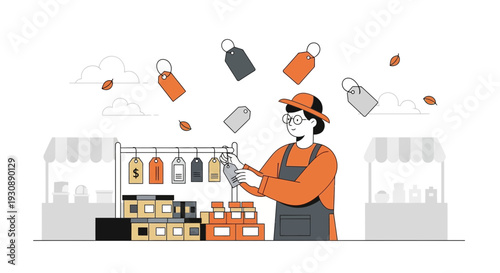 Marketplace Booth With Pricing Tags And Product Boxes Creative Illustration