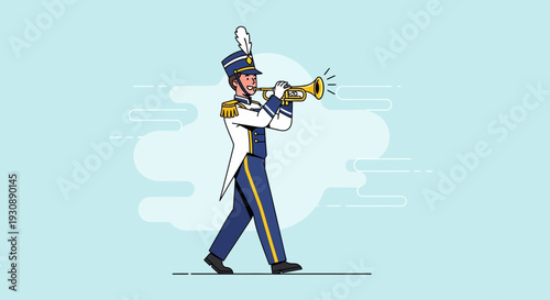 Marching Band Musician Plays Trumpet With Uniform And Feathered Hat