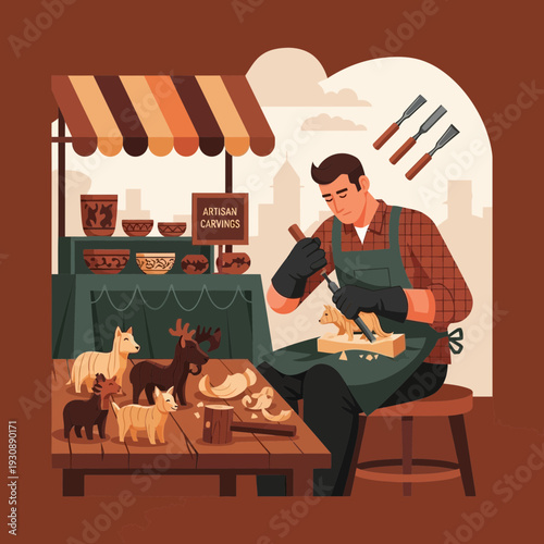 Master Wood Carver Crafting Intricate Animal Figurines At Outdoor Market Stall