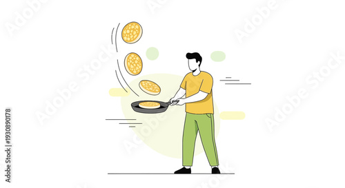 Masterful Pancake Flipping And Cooking Demonstration With Frying Pan And Fresh Batter