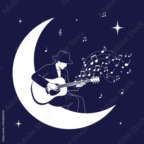 Melancholy Musician Serenade Beneath Crescent Moon Celestial Night Sky