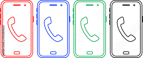 Mobile phone icons with handset symbol in four colors red blue green and black isolated vector