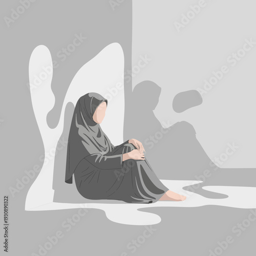 Melancholy Woman In Hijab Contemplating Solitude Against Stark Wall