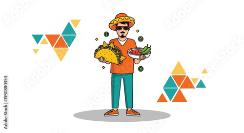 Mexican Culinary Delight: A Joyful Man Holding Tacos and Salsa, Offering Delicious Food