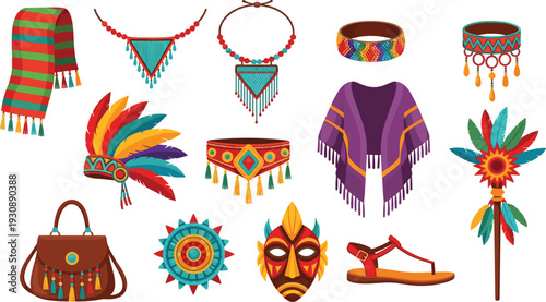 Colorful tribal ethnic accessories set featuring traditional jewelry headdress mask poncho handbag sandal and decorative ornaments vector illustration isolated background