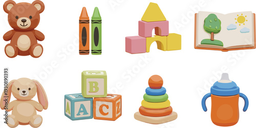 Cute Baby Toys Collection Illustration Featuring Teddy Bear, Bunny, Crayons, Alphabet Blocks, Stacking Rings and Sippy Cup Isolated on White Background