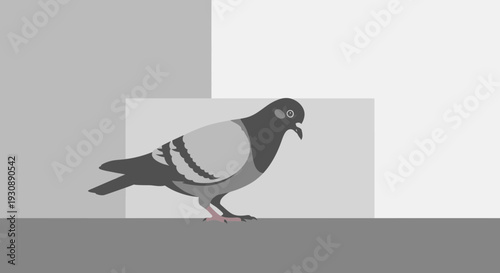 Minimalist Pigeon Silhouette Standing on a Gray Surface Against Geometric Background