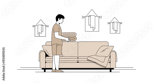 Minimalist Room Interior With Person Carrying Towels And Resting On The Sofa