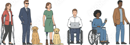 Diverse people with disabilities and service dogs standing together, inclusive community concept, accessibility, mobility aids and equal opportunity illustration